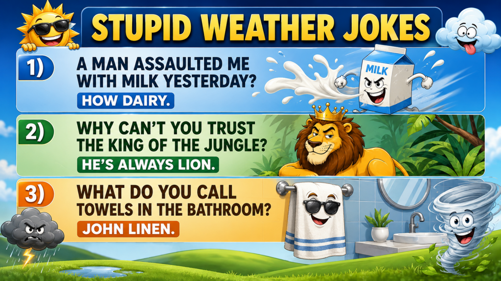 Colorful banner titled 'Stupid Weather Jokes' with cartoon sun, milk carton, lion, towel, tornado and bright scenery.