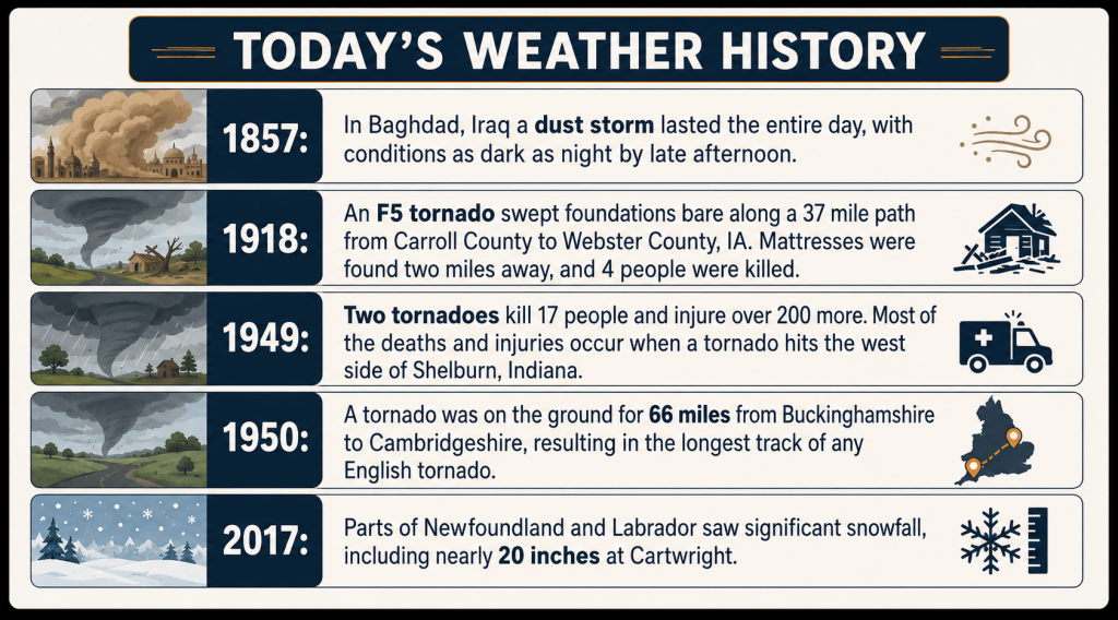 Infographic titled Today's Weather History listing major events by year: 1857 Baghdad, Iraq dust storm; 1918 F5 tornado along a 37-mile path in Iowa; 1949 two tornadoes killing 17; 1950 tornado on the ground for 66 miles from Buckinghamshire to Cambridge­shire; 2017 heavy snowfall in Newfoundland with 20 inches at Cartwright.