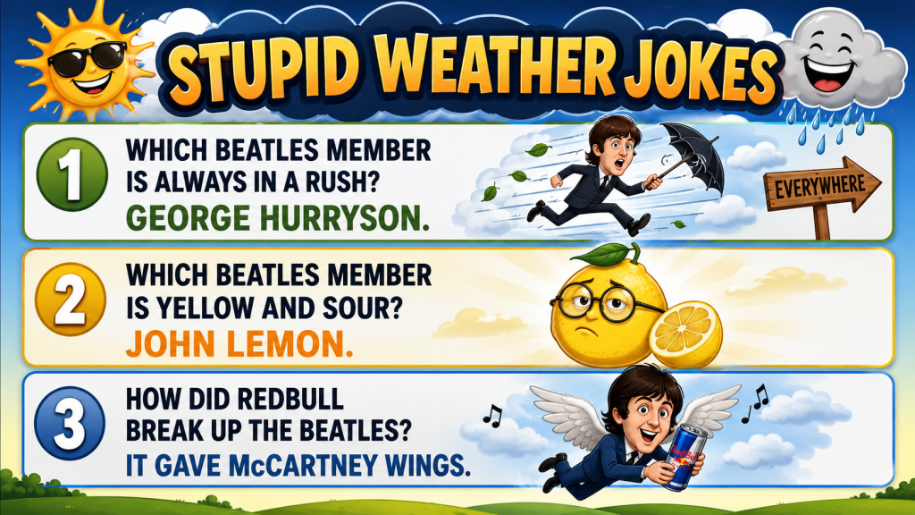 Colorful banner titled 'Stupid Weather Jokes' showing three joke panels about Beatles members with weather-themed cartoony illustrations (sun, clouds, lemon, wings).