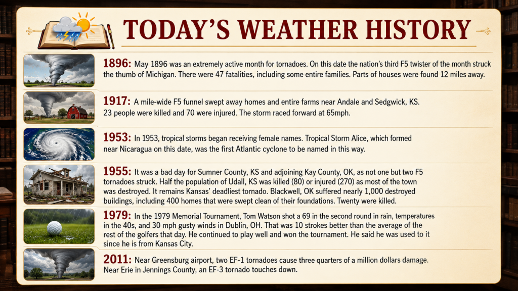 Infographic timeline titled Today's Weather History showing six historical weather events with left thumbnails illustrating each event on a beige panel. Readable summary of notable storms and tornadoes from 1896 to 2011.