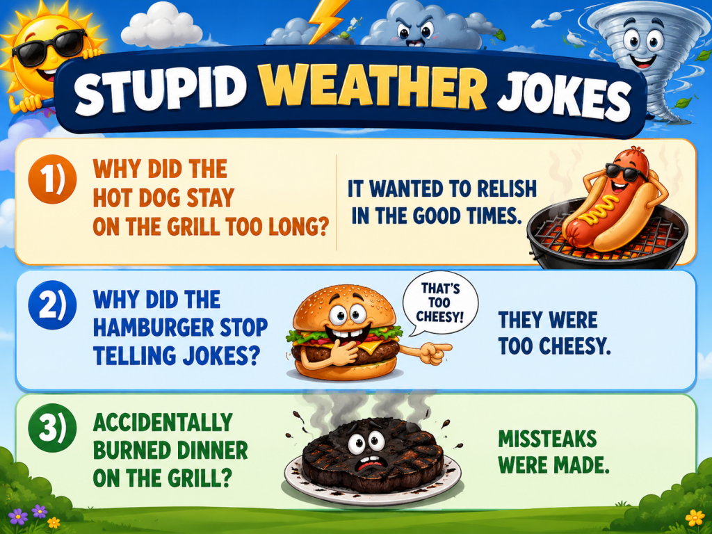 Colorful infographic titled 'Stupid Weather Jokes' with three jokes about grilling mishaps and cartoon food amid sunny skies and clouds.