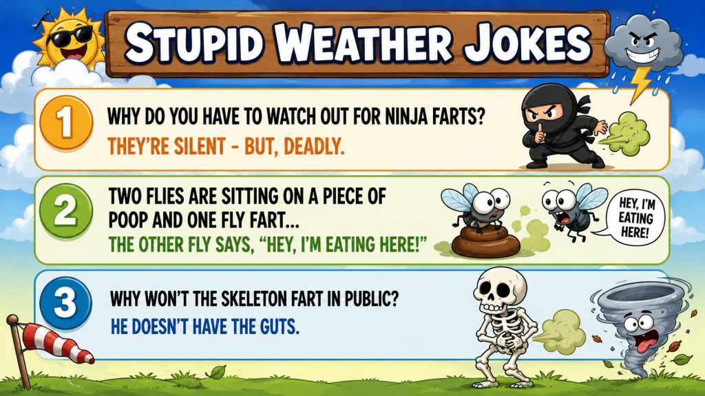 Bright comic poster titled Stupid Weather Jokes with three panels of weather-themed jokes and cartoon characters outdoors.