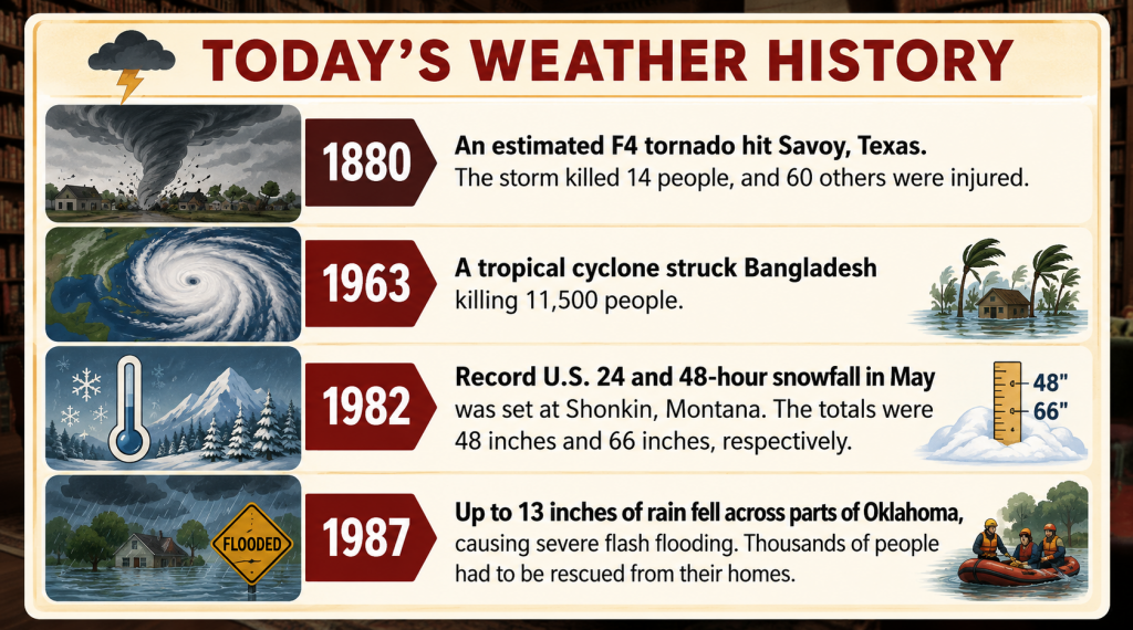 ChatGPT Image May 27 2026 11_00_06 AM - Extol Media 1880 tornado hits Savoy, Texas; storm killed 14 and injured 60 people, infographic-style illustration of a tornado over a town.”