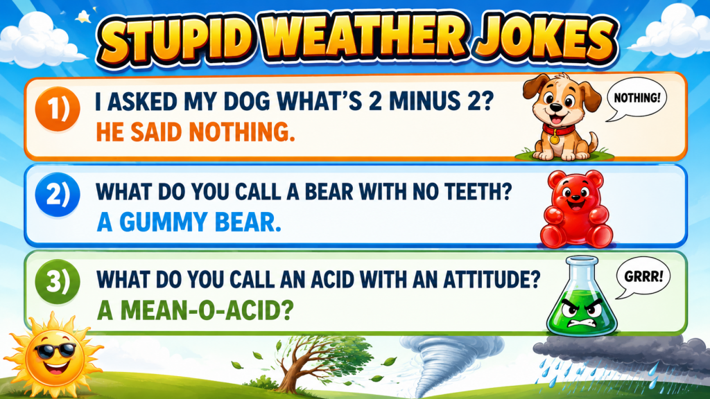 Colorful banner titled 'STUPID WEATHER JOKES' with three joke panels about weather-themed puns for kids (dog, gummy bear, mean-o-acid).