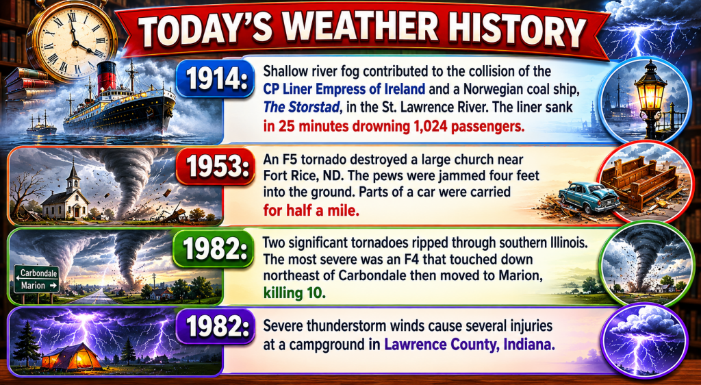 Colorful infographic timeline titled Today's Weather History, highlighting 1914 ship collision, 1953 church tornado, 1982 tornadoes and storms with circular icons on the right.