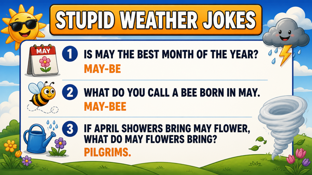 Colorful infographic banner titled 'Stupid Weather Jokes' with three joke panels about May-be, a bee born in May, and May flowers bringing pilgrims.