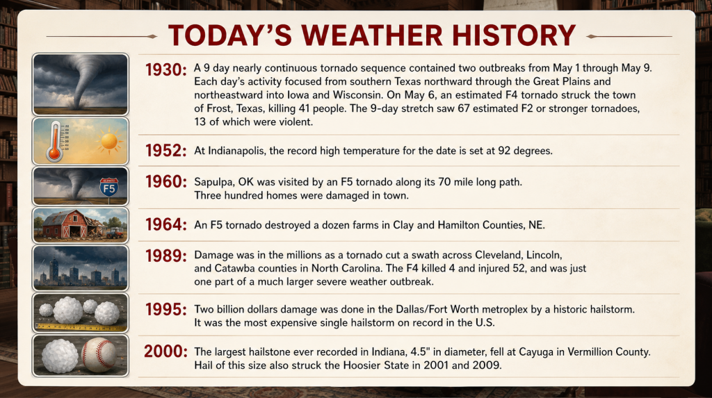 ChatGPT Image May 4 2026 11_00_24 AM - Extol Media Informational timeline poster titled Today's Weather History with a left-side vertical strip of weather icons (tornado, thermometer, tornado with F5 shield, barn, city skyline, hail, baseball) and entries for 1930–2000 describing notable weather events, in a vintage style.