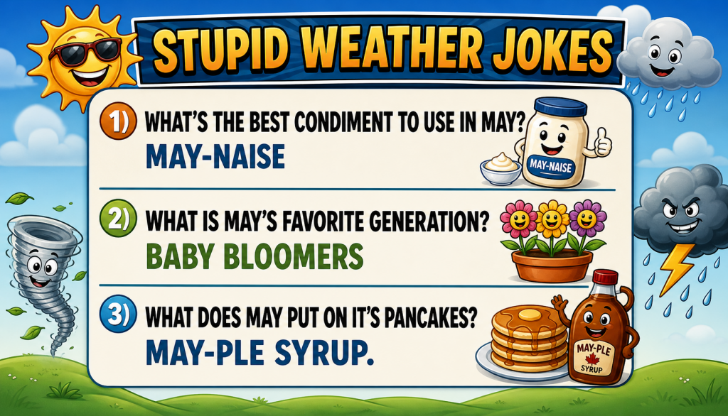 ChatGPT Image May 4 2026 11_04_44 AM - Extol Media Colorful cartoon banner titled 'Stupid Weather Jokes' listing three May-themed jokes: 1) May-nase, 2) Baby Bloomers, 3) May-ple Syrup, with sun, flowers, and pancakes illustrations.