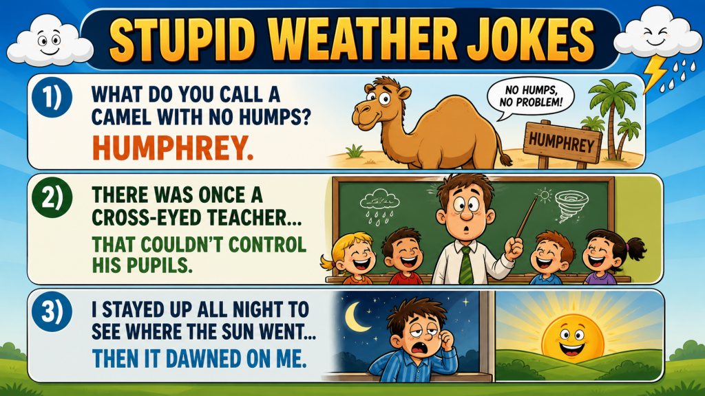 Colorful infographic titled 'Stupid Weather Jokes' with three joke panels: a camel named Humphrey, a classroom scene, and a sunlit landscape.