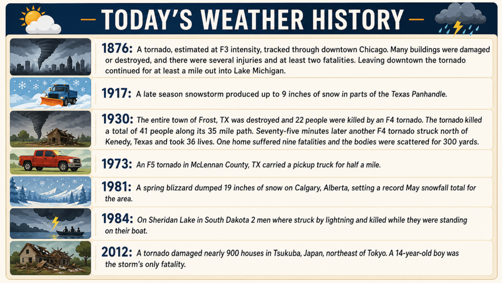 Infographic titled Today's Weather History showing a vertical timeline of notable weather events with year headings and small left illustrations.