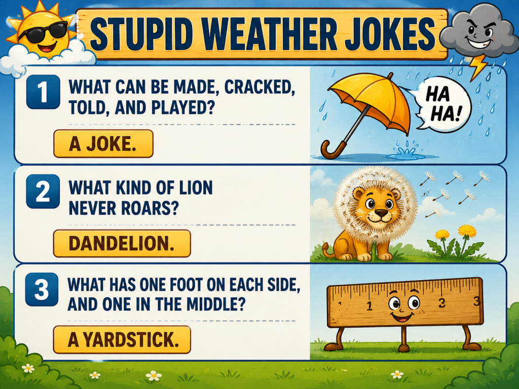 Poster titled 'Stupid Weather Jokes' showing three joke panels: umbrella joke, lion's dandelion, and yardstick humor for kids.