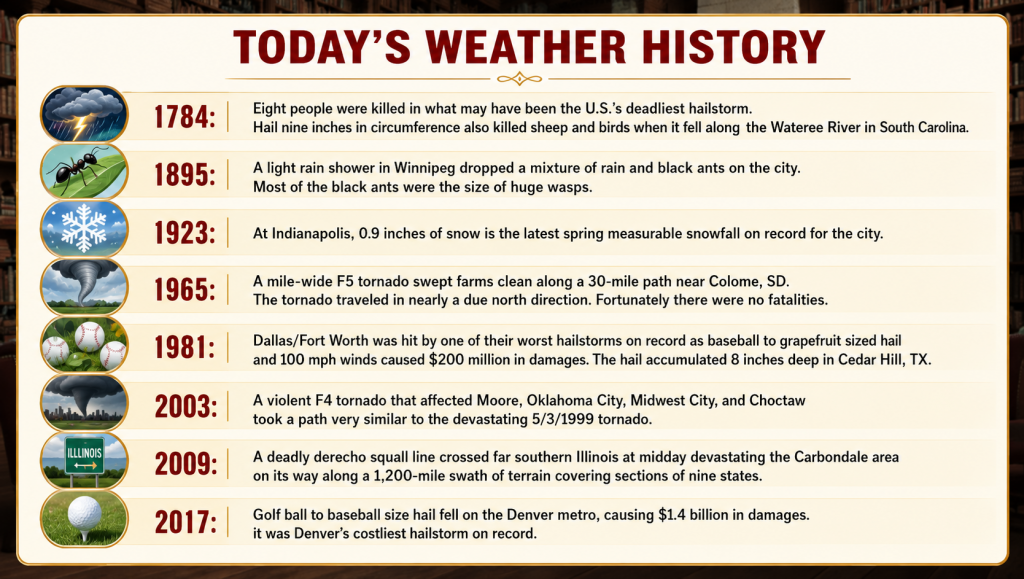 Timeline titled Today's Weather History showing major weather events by year, with circular icons for each entry, set on a beige panel background:**note** decorative infographic.