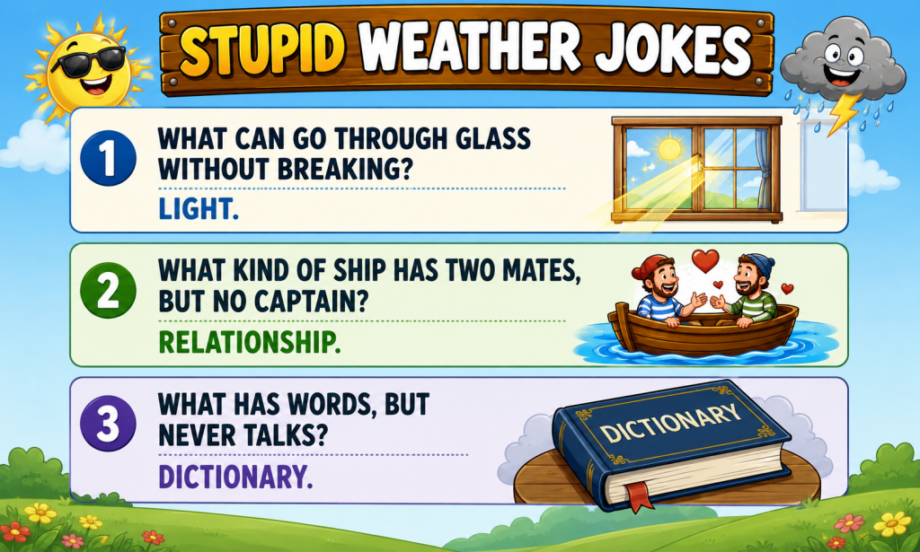 Colorful cartoon banner: three jokes with answers—Light; Relationship; Dictionary—under a sunny, playful header 'Stupid Weather Jokes'.