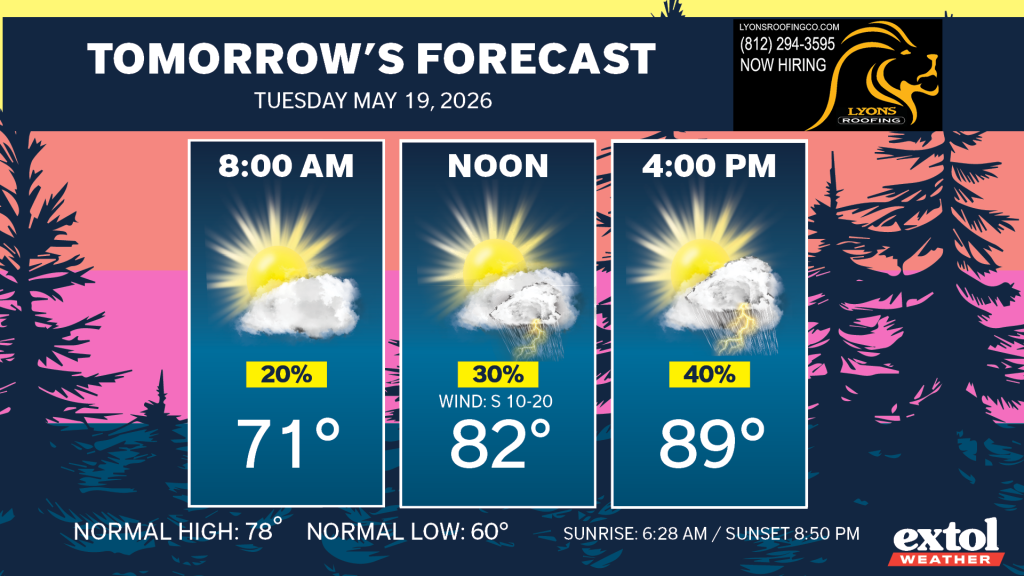 Tomorrow's forecast banner with three weather cards: 8:00 AM showing 71° sun/cloud, Noon 82° with wind S 10–20 and lightning, and 4:00 PM 89° with sun/cloud and 40%—Extol Weather branding at bottom.