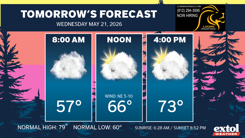 Tomorrow's forecast across three panels: 8:00 AM (57°) with a cloud, Noon (66°) with sun behind a cloud and wind NE 5–10, 4:00 PM (73°) with a sun/cloud scene and NE wind; normal highs/lows shown at bottom.