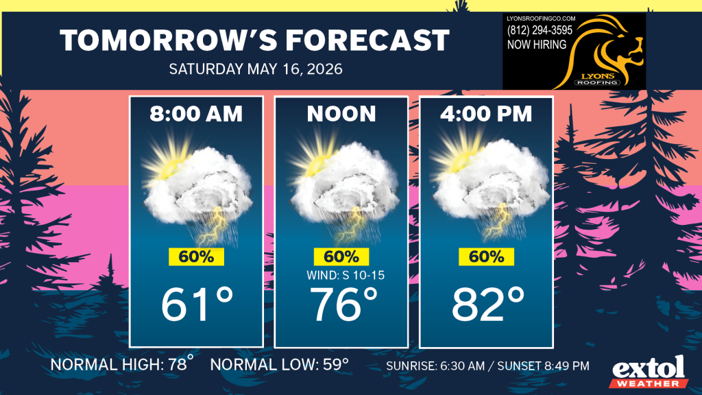 Tomorrow's forecast for Saturday May 16, 2026: three panels show 8 AM 61°F, Noon 76°F, and 4 PM 82°F with sun, clouds and thunderstorms (60% chance).