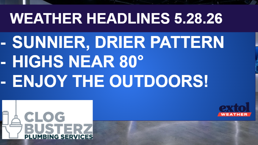HEADLINES - Extol Media Weather banner with headlines for 5.28.26: sunnier, drier pattern; highs near 80°; enjoy the outdoors. Includes Clog Busterz Plumbing Services and Extol Weather logos.