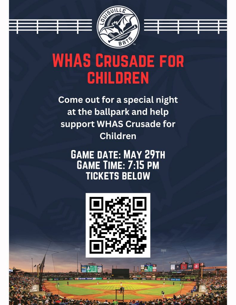 Poster for WHAS Crusade for Children at the ballpark with a QR code; red headline and blue background above a stadium photo.