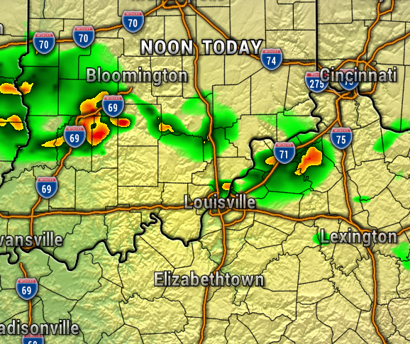 Weather radar map around Louisville area showing rain bands west of Bloomington and near Cincinnati.