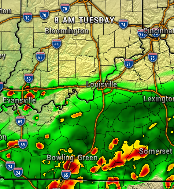 Weather radar map around Louisville showing rain bands (green/yellow/red) moving southeast, with Evansville west and Bowling Green south.