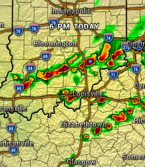Weather radar map showing a line of strong storms across southern Indiana toward Cincinnati, with red/orange indicating heavy rainfall and thunderstorms; major cities labeled (Indianapolis, Bloomington, Louisville, Cincinnati).