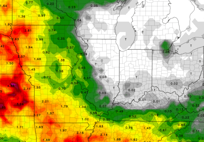 MAP - Extol Media Color-coded weather map showing western U.S. precipitation: red to orange areas indicate heavier amounts, green to yellow lighter areas, with grayscale eastern region; small numeric values label amounts or probabilities and state boundaries are faintly shown.