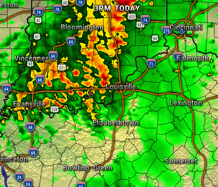 MAP - Extol Media Weather radar map (3 PM today) showing heavy rainfall around Bloomington–Louisville with yellow/red areas; lighter rain to the east.