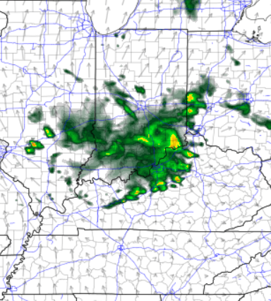 Radar image showing a cluster of thunderstorms with heavy rain (yellow/green) centered in the central U.S., extending to the surrounding area.