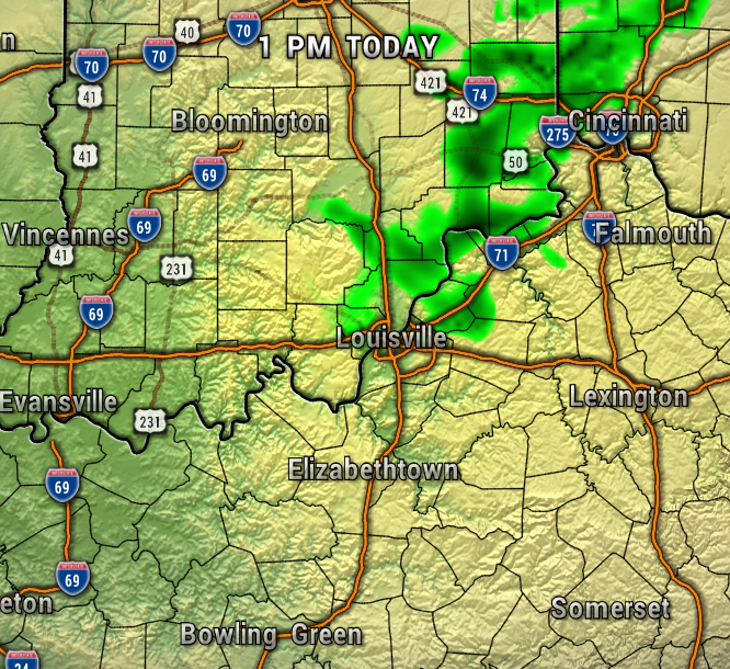 Weather radar map showing scattered green rain showers over Cincinnati and northern Kentucky, with Louisville and Lexington nearby.
