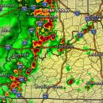 Weather radar showing strong thunderstorms along I-65 and surrounding areas near Bloomington and Louisville at 7 PM today; red/purple indicates severe cores.