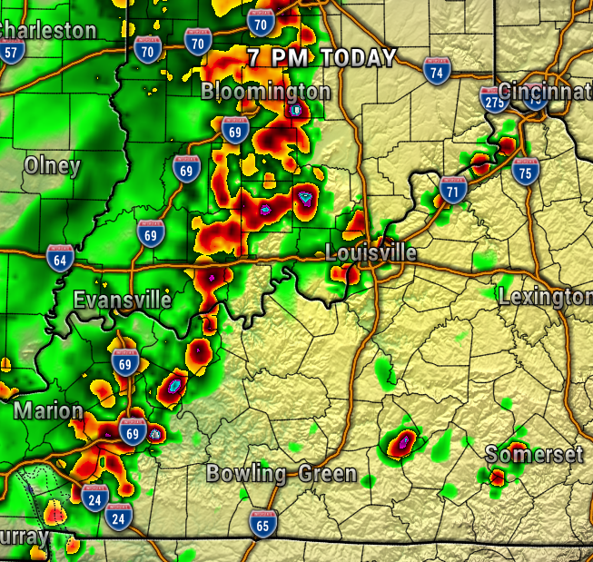 Weather radar showing strong thunderstorms along I-65 and surrounding areas near Bloomington and Louisville at 7 PM today; red/purple indicates severe cores.