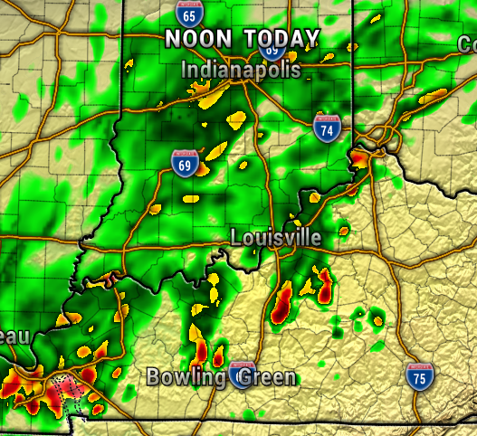 Noon weather radar showing widespread rain across central Kentucky and southern Indiana, with heavier storms near Bowling Green and Louisville.