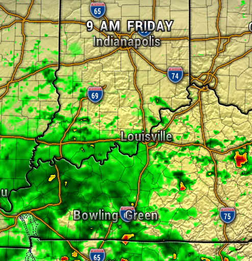 Weather radar map at 9 AM Friday shows bands of rain near Bowling Green and south of Louisville, with green indicating light to moderate rain and small red/amber spots for heavier rain; major highways visible (I-65, I-75).