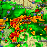 7 PM weather radar over Kentucky showing heavy storms around Louisville (red/orange bands) with lighter rain elsewhere to Bowling Green and beyond.