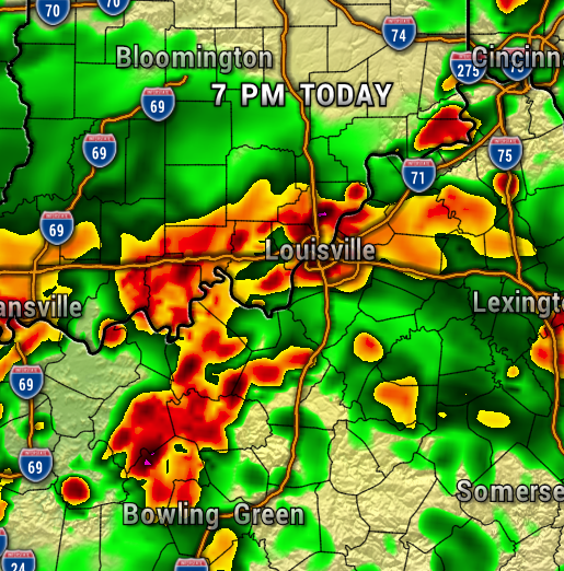 7 PM weather radar over Kentucky showing heavy storms around Louisville (red/orange bands) with lighter rain elsewhere to Bowling Green and beyond.