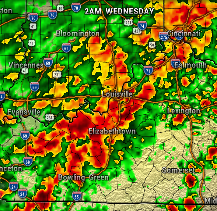 Color radar map showing heavy storms around Louisville and Elizabethtown with red and orange bands spreading toward Bowling Green menacing the area
