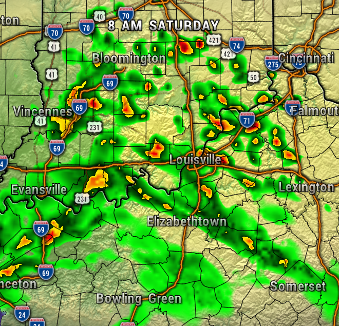Weather radar map of central Kentucky and southern Indiana at 8 AM Saturday, showing scattered to widespread rain. Green areas indicate light rain, yellow moderate, and red heavy rainfall near Bloomington, Louisville, Evansville, and extending toward Cincinnati/Falmouth area.