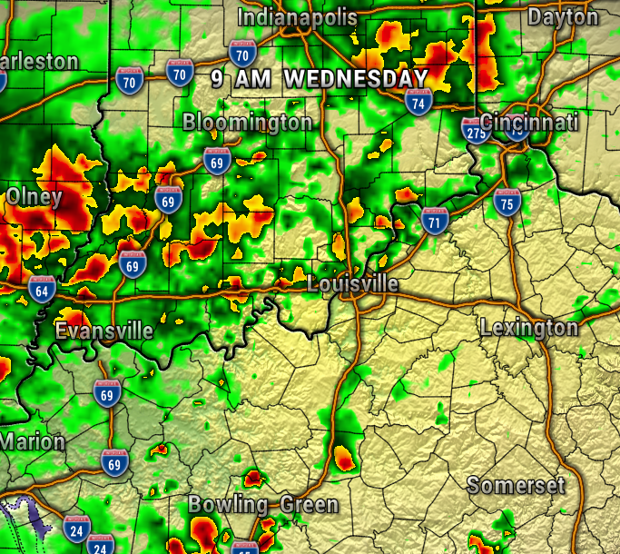 MAP2 - Extol Media Weather radar map at 9 AM Wednesday showing heavy storms around Bloomington, Evansville, and Louisville in green, yellow, and red