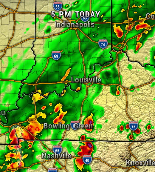 Weather radar map at 5 PM today showing bands of rain around Louisville, Nashville, Bowling Green and Indianapolis; colors indicate intensity (green to red) with interstate markers visible.