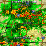 Radar weather map for Friday afternoon showing heavy rainfall and thunderstorms over Indianapolis, Louisville, Bowling Green, and Nashville areas (green to red reflectivity).
