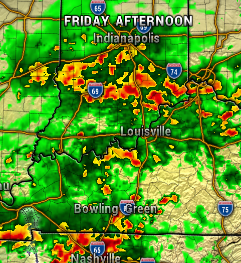 Radar weather map for Friday afternoon showing heavy rainfall and thunderstorms over Indianapolis, Louisville, Bowling Green, and Nashville areas (green to red reflectivity).