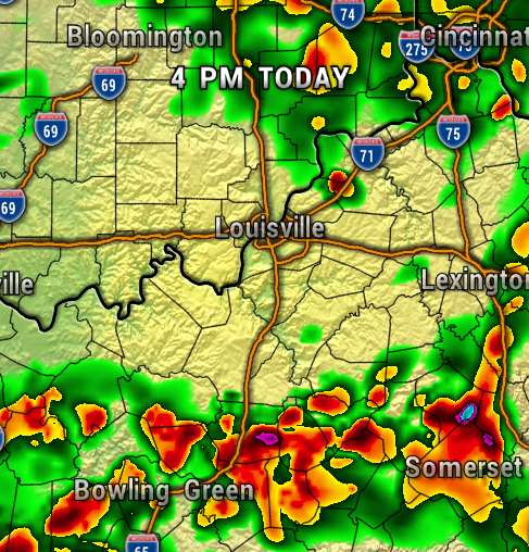 Weather radar at 4 PM showing strong thunderstorms near Louisville, with heavy red/orange bands extending toward Bowling Green and Somerset; lighter rain elsewhere in green.