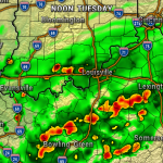 Radar map showing rain across Kentucky and southern Indiana with heavy storms near Louisville and Bowling Green; green-yellow-red precipitation colors indicate intensity.
