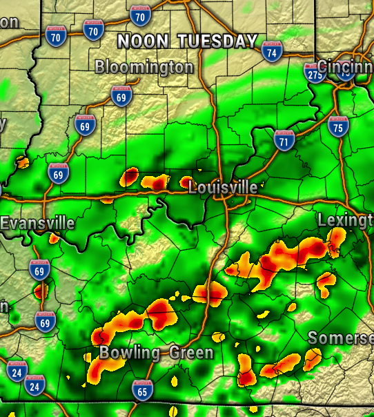 Radar map showing rain across Kentucky and southern Indiana with heavy storms near Louisville and Bowling Green; green-yellow-red precipitation colors indicate intensity.