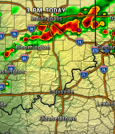 Radar map of Indiana/Kentucky with heavy thunderstorm bands north of Indianapolis, red/orange zones along I-65/I-70; cities Bloomington, Louisville visible; light rain elsewhere.