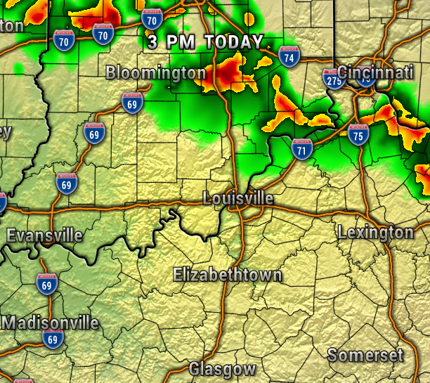Weather radar map over Kentucky and southern Ohio showing thunderstorms (green to red) near Bloomington, Louisville, and Cincinnati; 3 PM Today badge visible.
