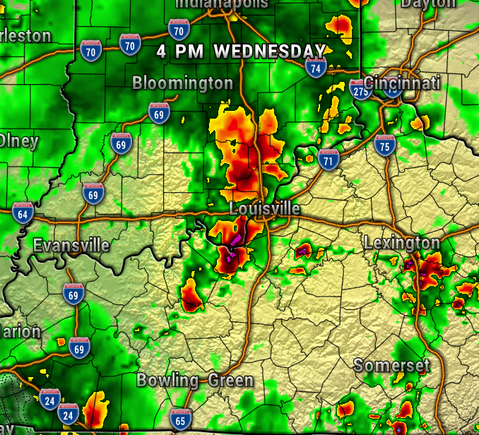 MAP3 - Extol Media Weather radar map showing heavy thunderstorms near Louisville with surrounding rain across southern Indiana and northern Kentucky at 4 PM Wednesday.