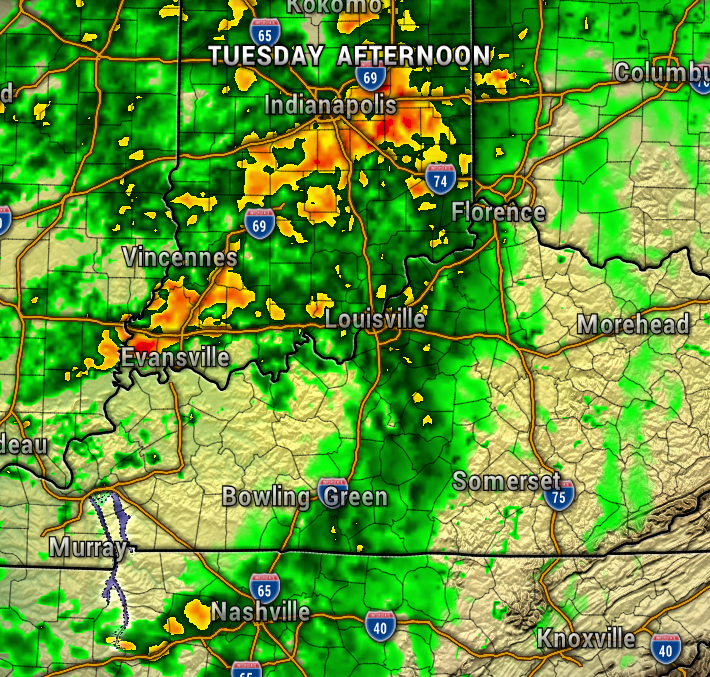 Radar map showing widespread rain around Indianapolis and Louisville with heavy yellow and orange patches indicating stronger storms.