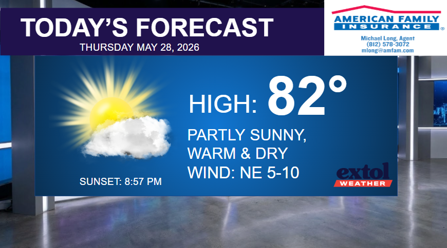 TODAY - Extol Media Weather forecast banner: High 82°, partly sunny, warm and dry with NE winds 5–10; sunset 8:57 PM (Today’s Forecast graphic in a TV studio set)