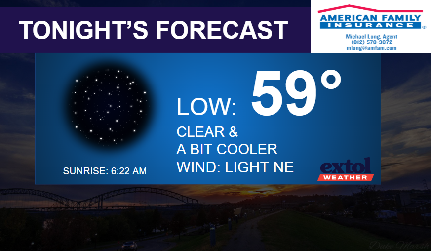 TONIGHT - Extol Media Weather forecast banner: Tonight's low 59° with clear skies, NE wind; sunrise at 6:22 AM; background shows sunset over a bridge; American Family Insurance logo in the top-right.